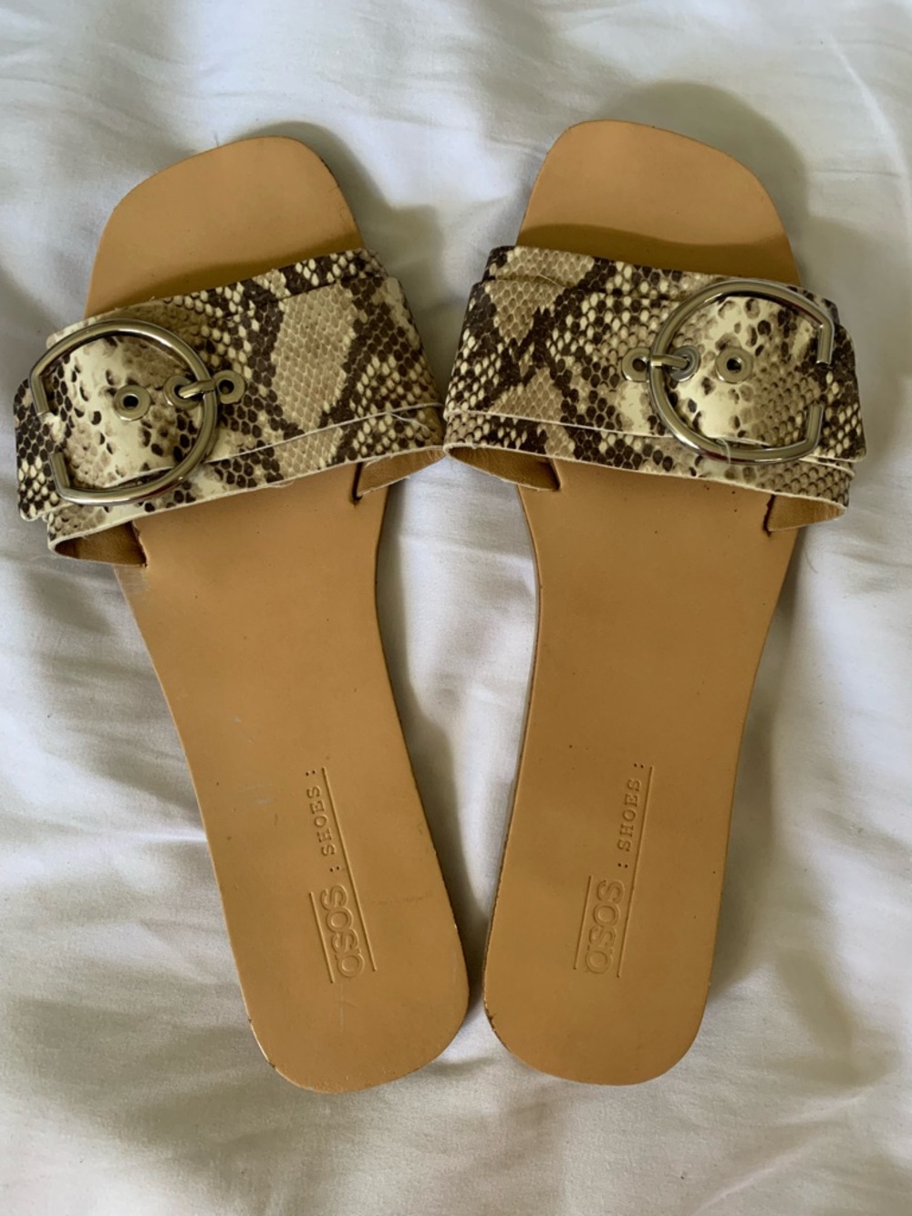 ASOS Tan Snake-Print Slide Sandals with Silver Buckles - Picture 2 of 3